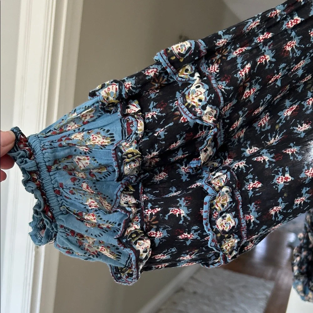 Free People Black Floral Ruffle Button-Front Blouse with Blue Trim - Picture 3 of 9